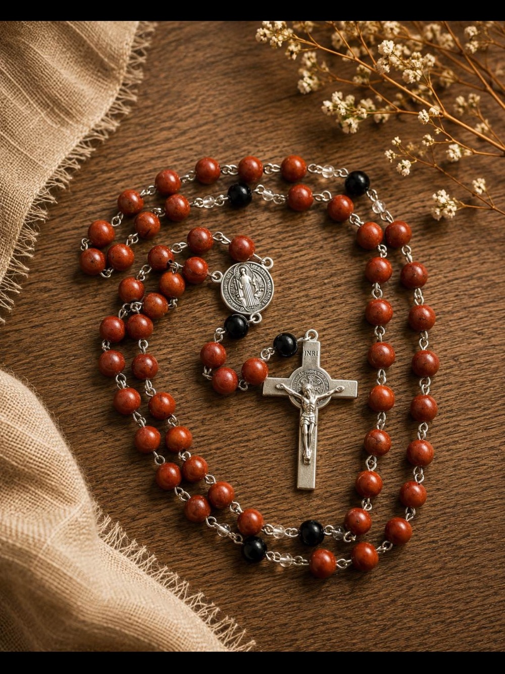 Wood Bead Rosary Necklace with Crucifix - Brown and Black